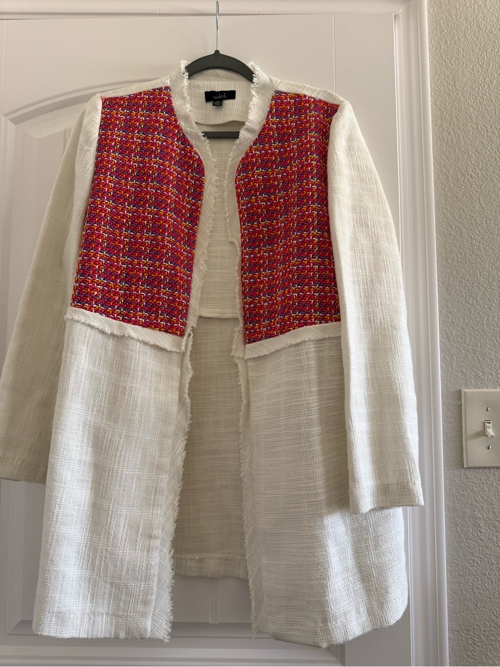 White Tweed Open-Front Coat with Red Multicolor Yoke